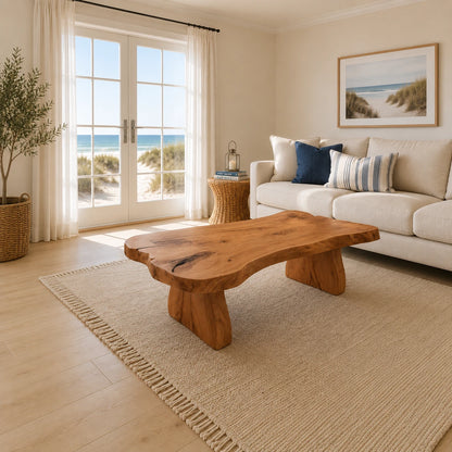 Handcrafted solid wood coffee table with natural edges and bold low-set pedestal legs