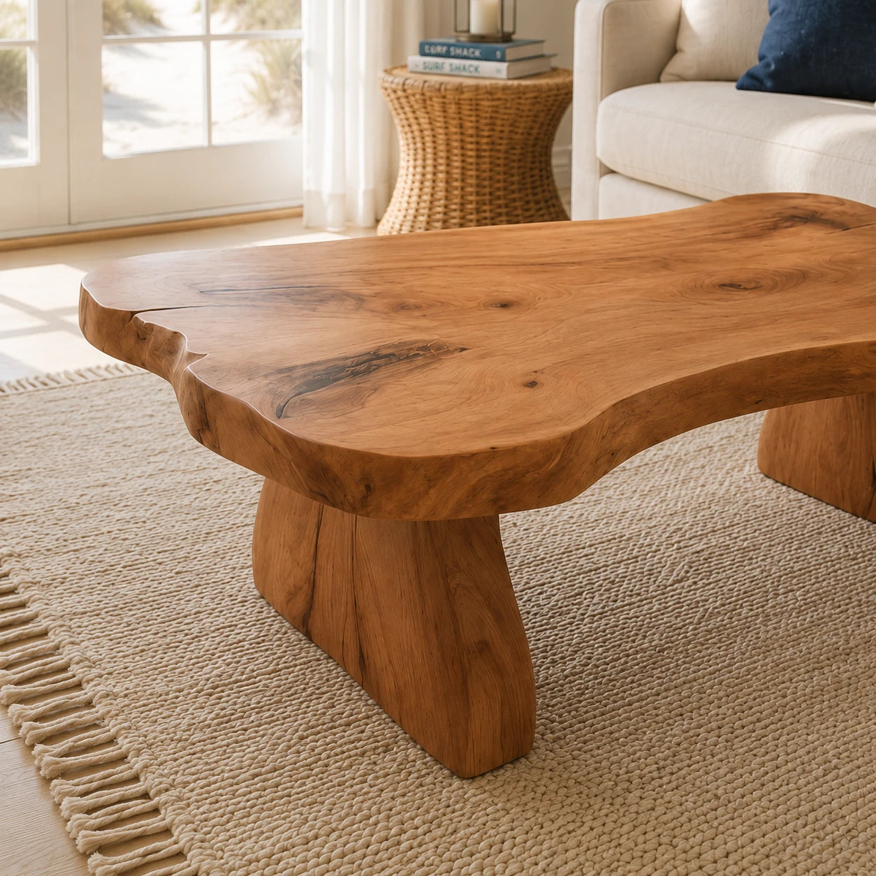 Organic coffee table with an irregular slab profile and substantial handcrafted wood base