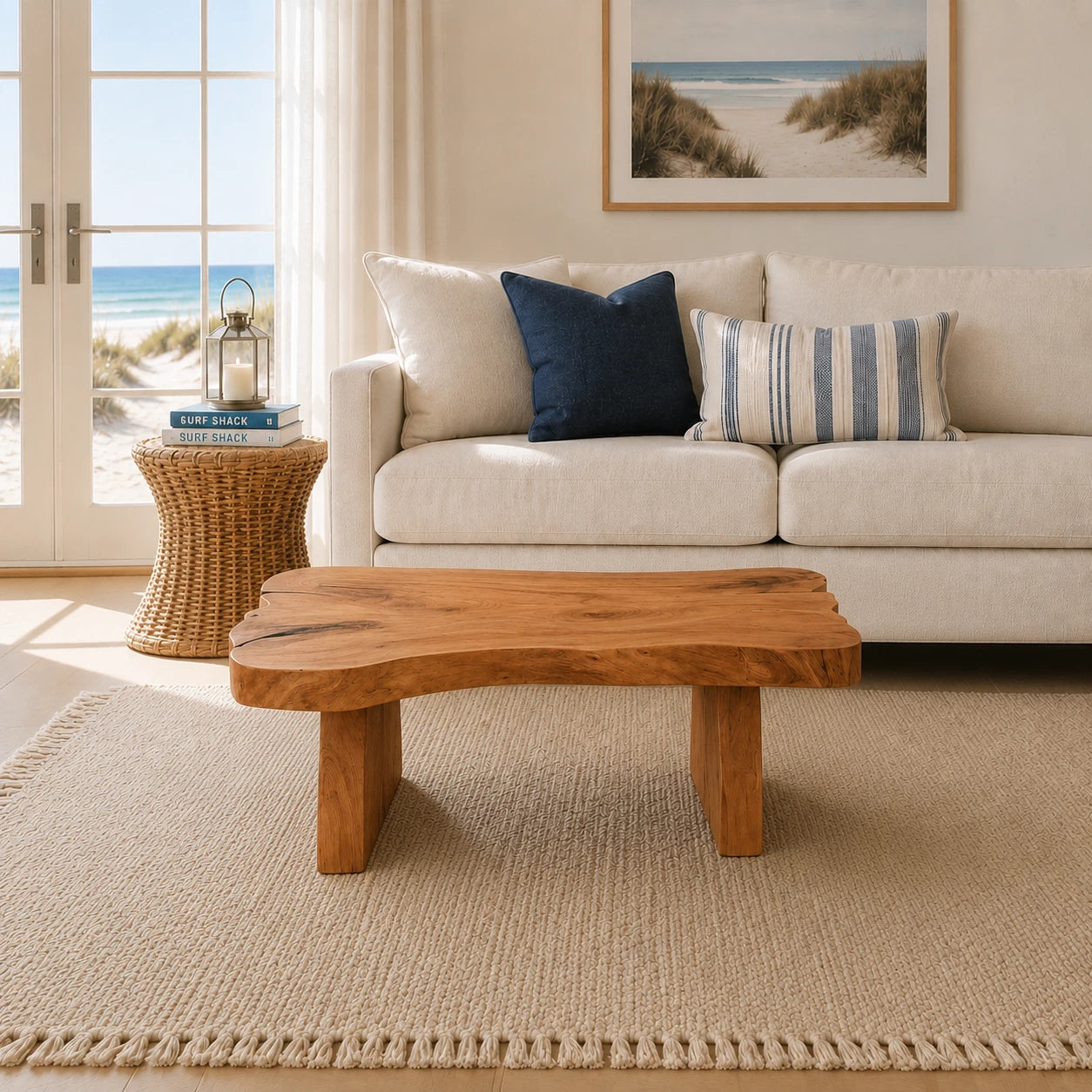 Designer coffee table with an asymmetrical top and bold handcrafted legs for casual spaces