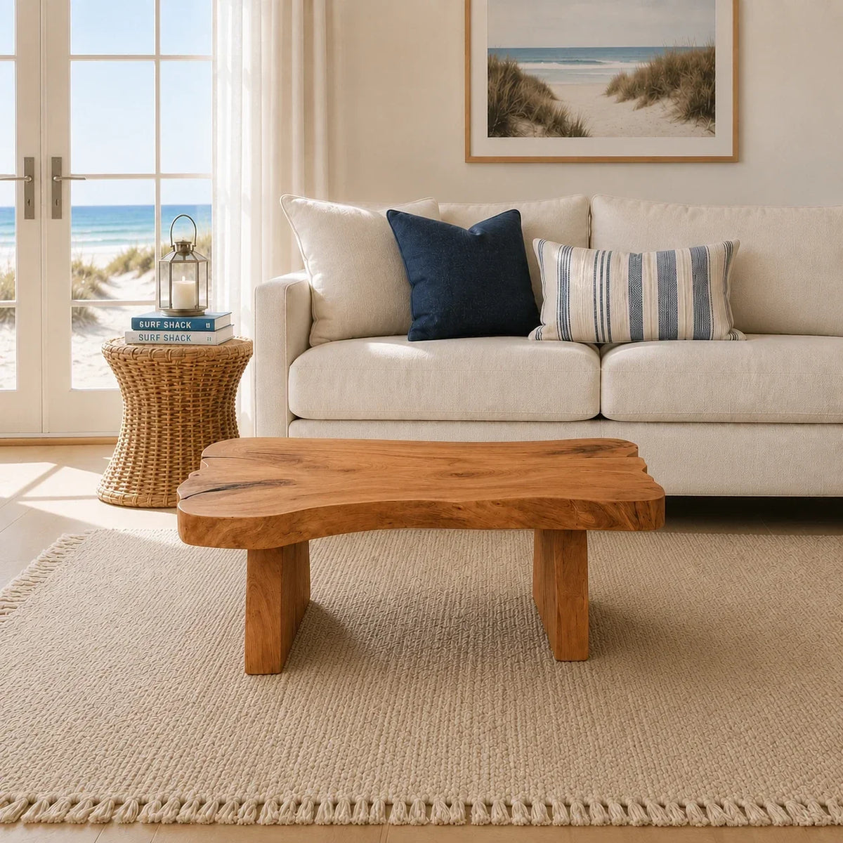 Designer coffee table with an asymmetrical top and bold handcrafted legs for casual spaces