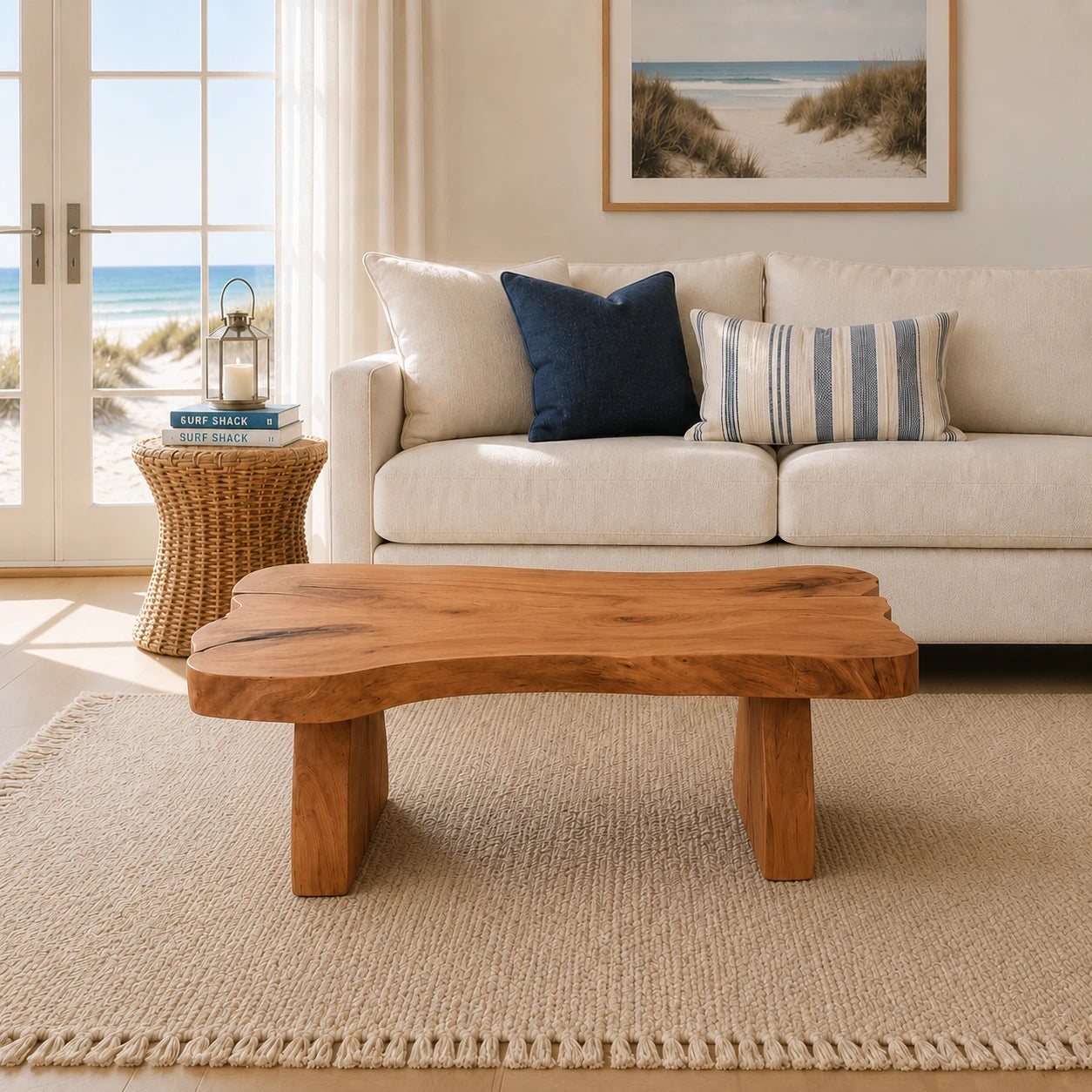 Premium coffee table with natural contours and a low solid wood base for airy interiors