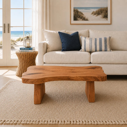 Premium coffee table with natural contours and a low solid wood base for airy interiors