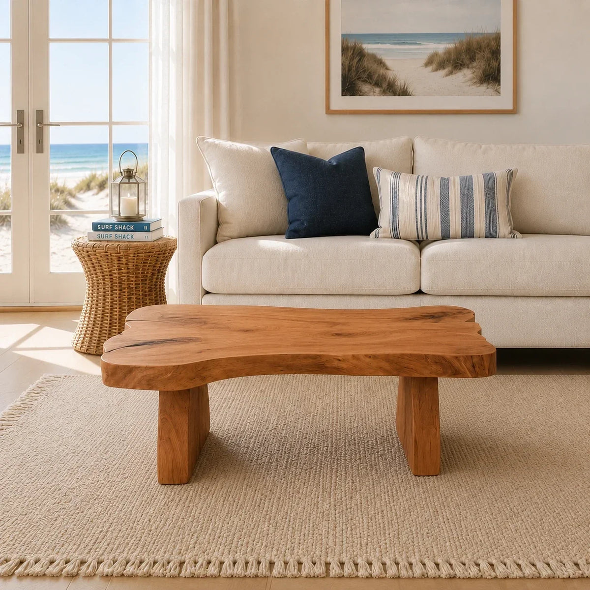 Premium coffee table with natural contours and a low solid wood base for airy interiors