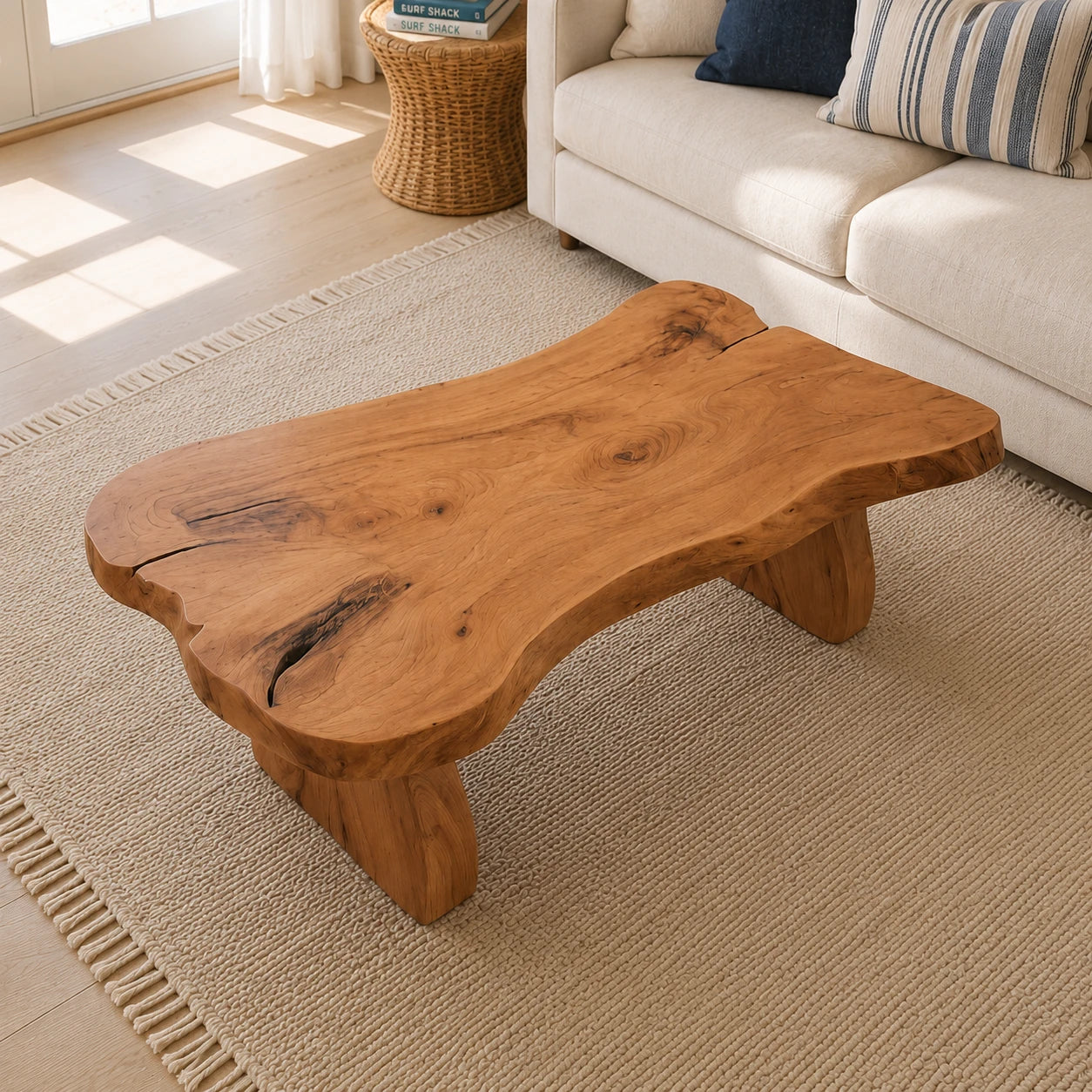 Low profile coffee table with raw edge detail and wide solid wood legs for calm interiors
