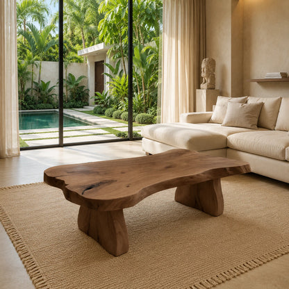 Artisan coffee table with a sculpted top and chunky supports for warm modern interiors