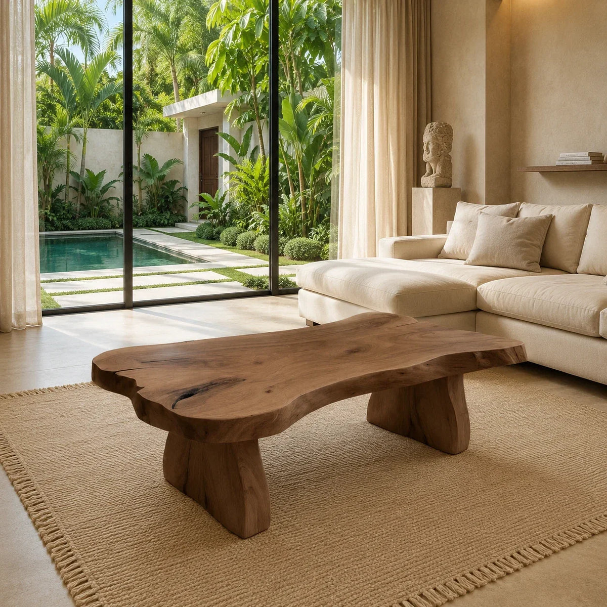 Artisan coffee table with a sculpted top and chunky supports for warm modern interiors