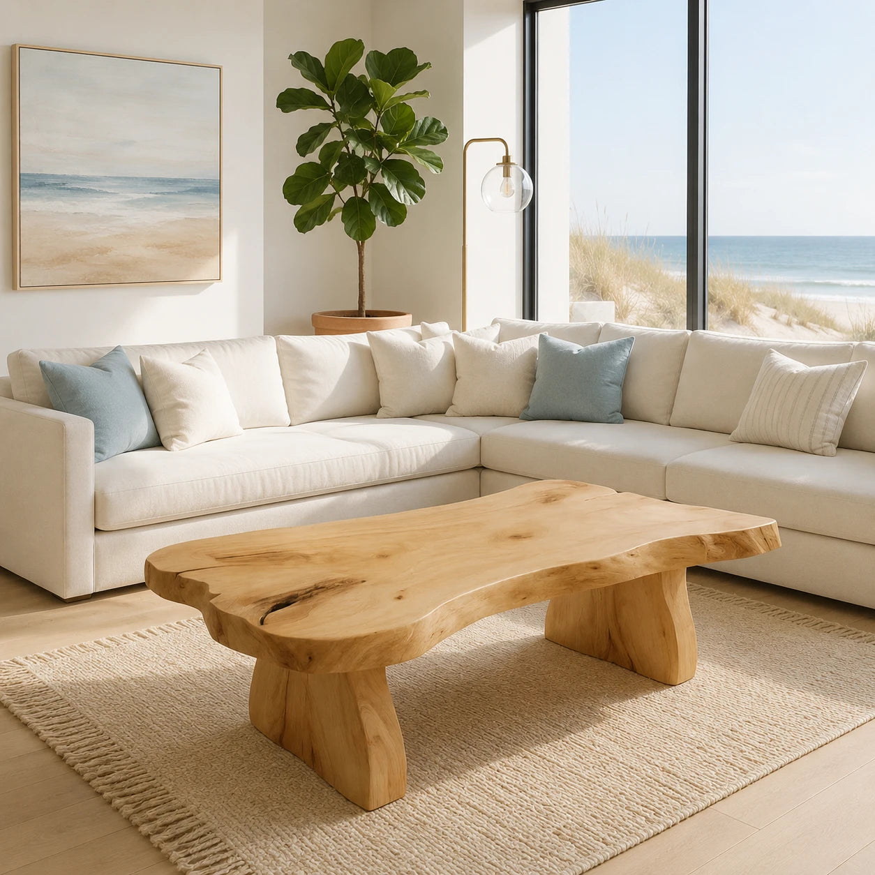 Statement coffee table with freeform contours and a broad handcrafted solid wood base