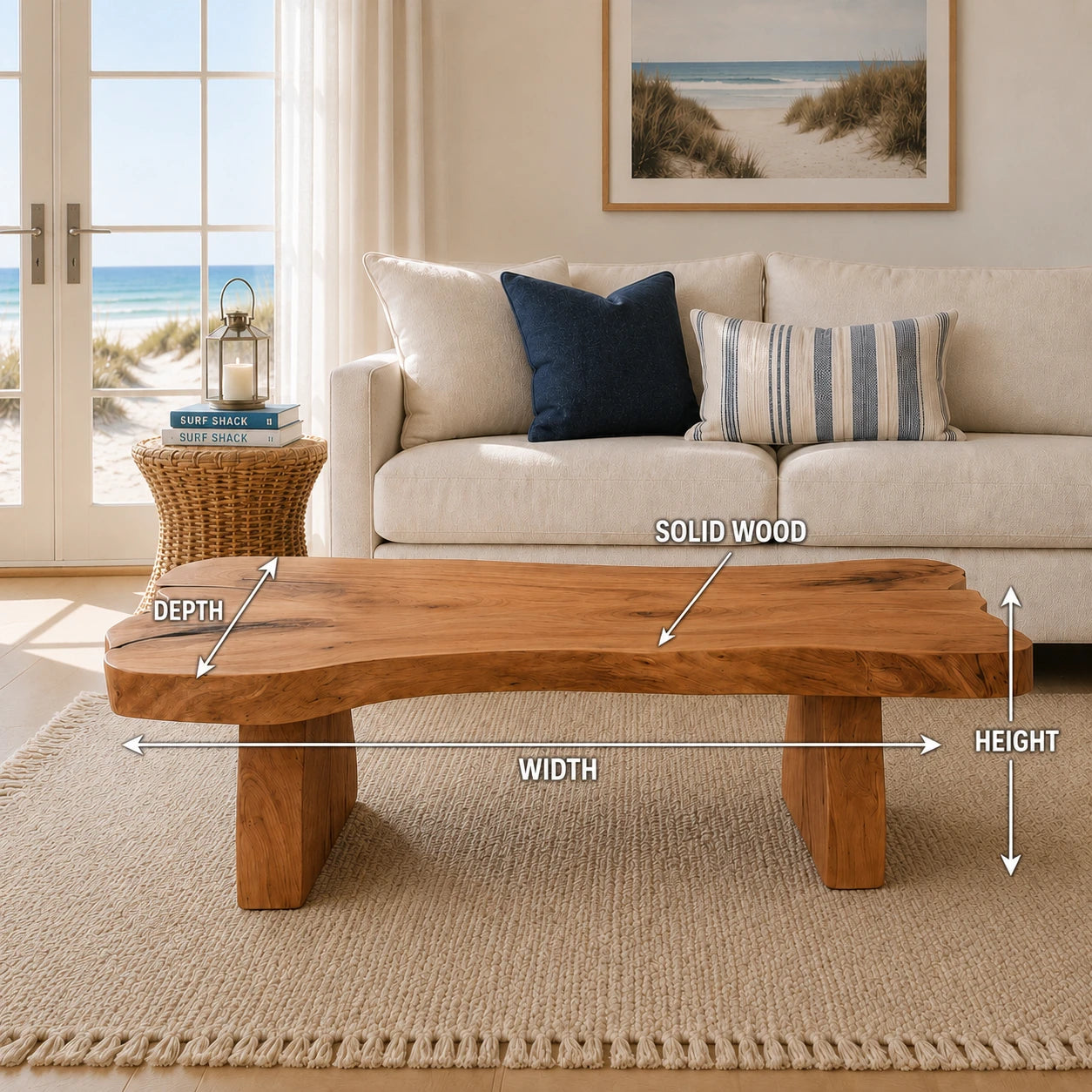 Modern rustic coffee table with flowing slab edges and substantial solid wood construction