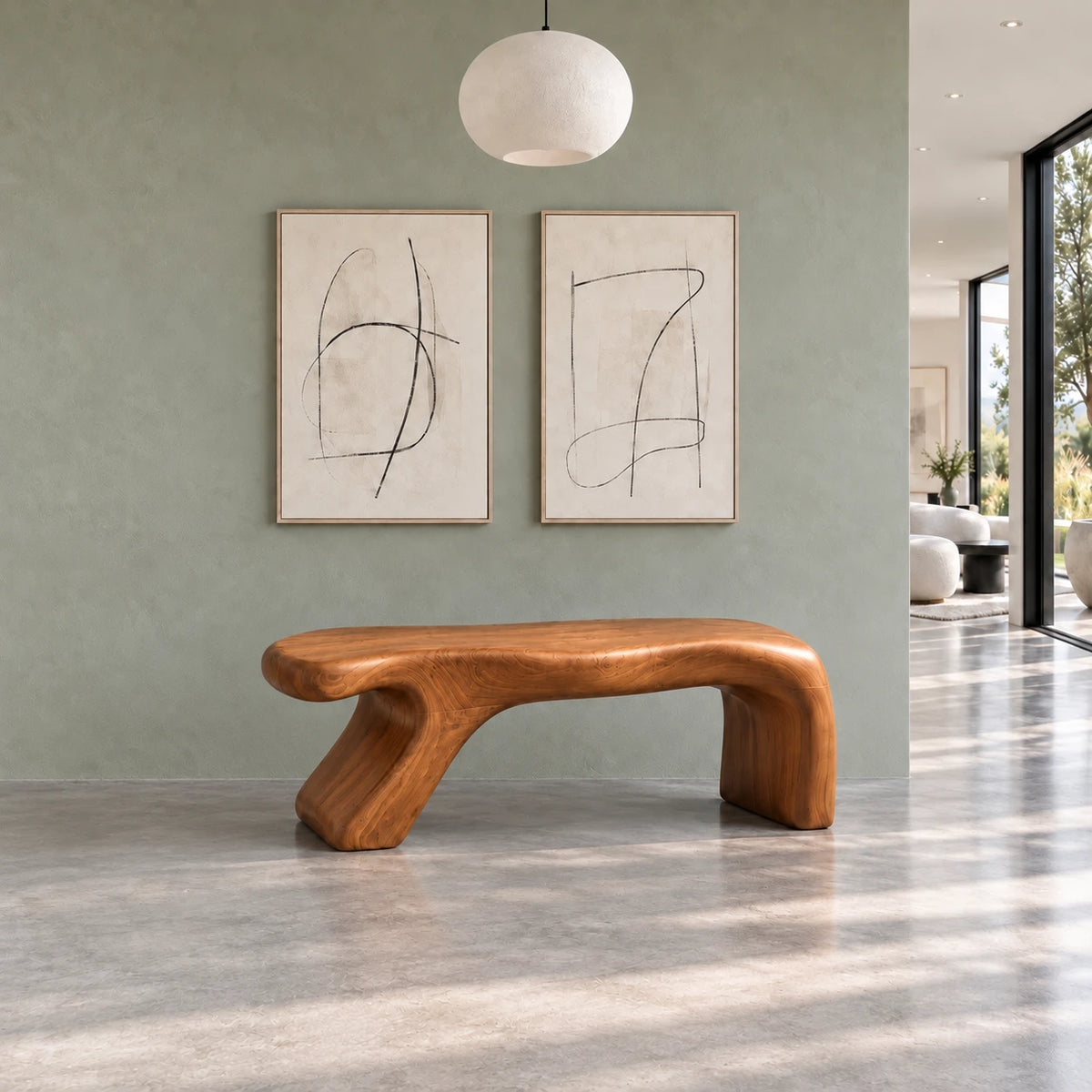 Bed Bench with Wavy One-Piece Slab Seat on Two Chunky Arched Leg Blocks - Arboriswood - 11