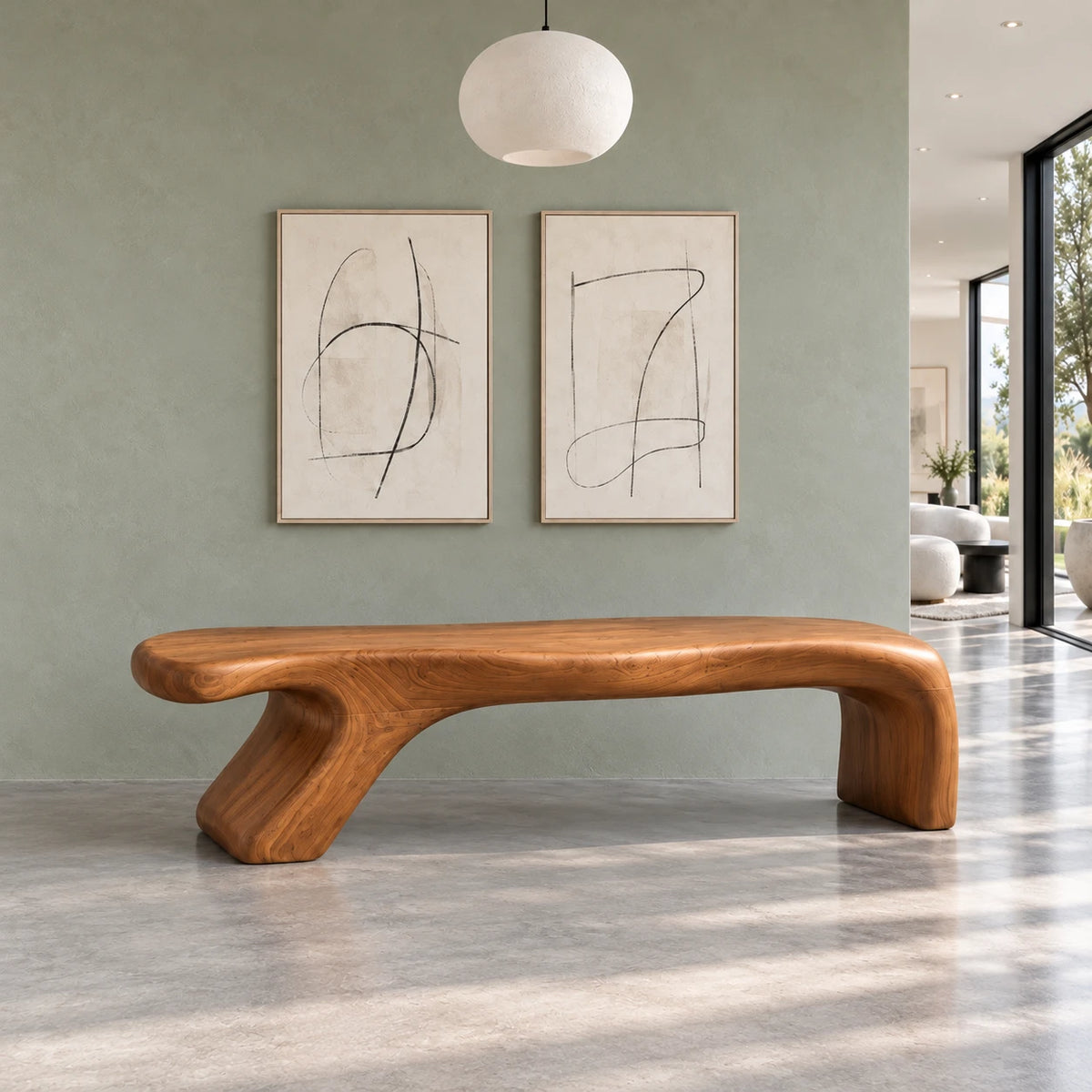 Bed Bench with Wavy One-Piece Slab Seat on Two Chunky Arched Leg Blocks - Arboriswood - 2