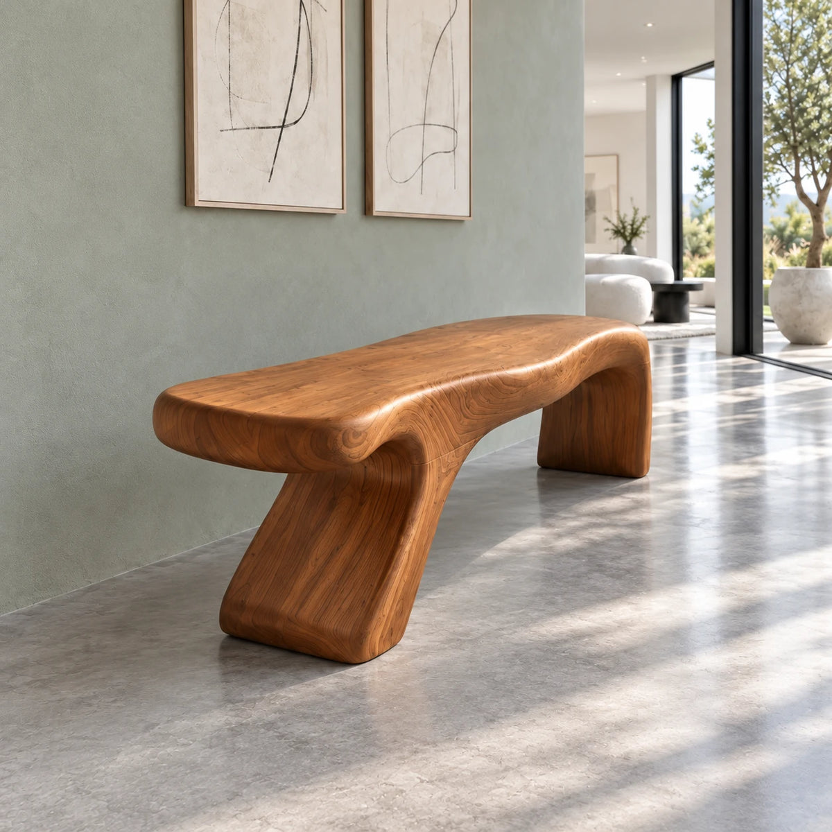 Bed Bench with Wavy One-Piece Slab Seat on Two Chunky Arched Leg Blocks - Arboriswood - 6
