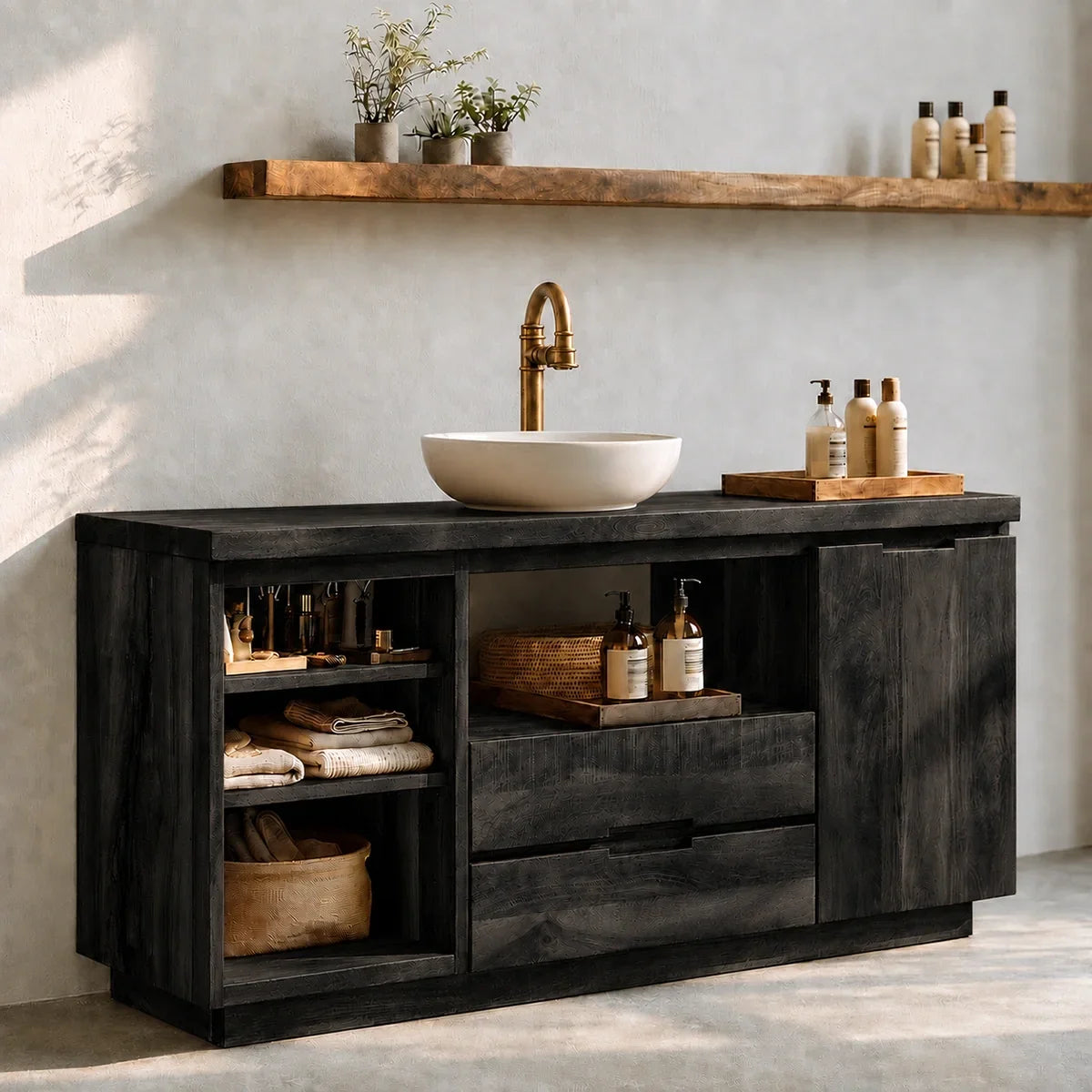 Bathroom Vanity with Open Shelving and Cabinet Doors in Natural Solid Wood - Arboriswood - 8