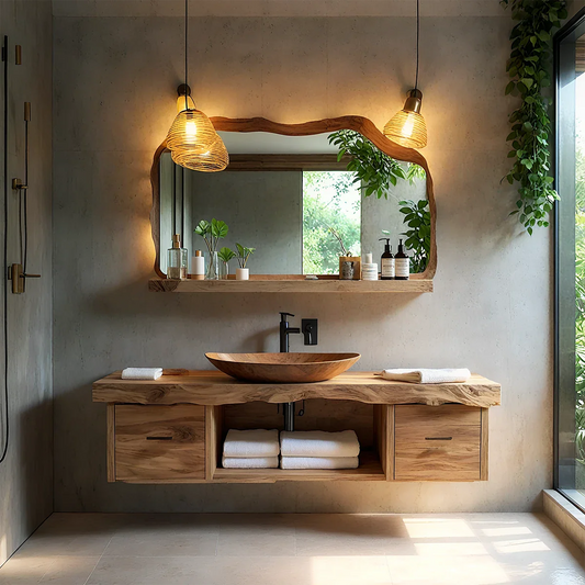 Boho elm floating bathroom vanity with live edge wood top