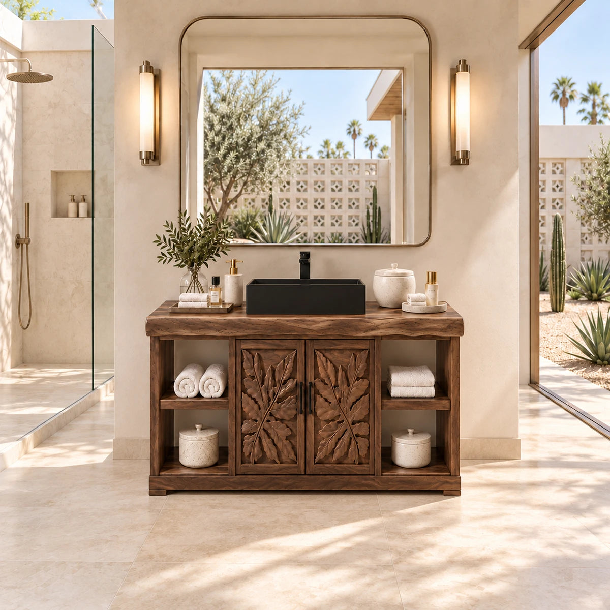 Statement sink vanity in natural solid wood with vessel basin and botanical cabinet doors