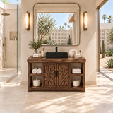 Statement sink vanity in natural solid wood with vessel basin and botanical cabinet doors