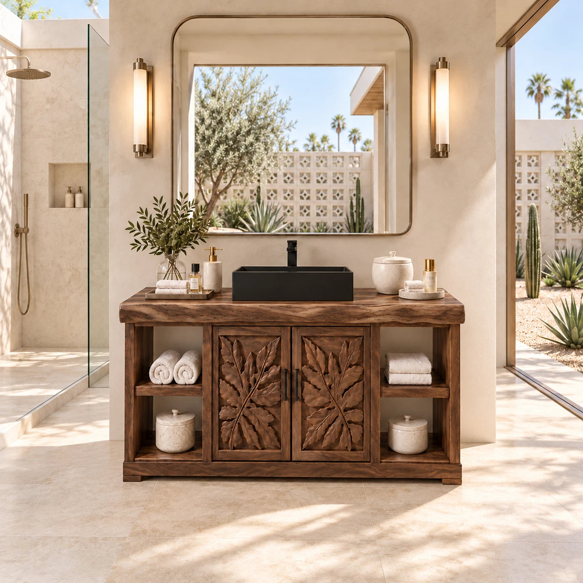 Open shelf bathroom vanity in natural solid wood with carved doors and towel cubbies