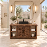 Open shelf bathroom vanity in natural solid wood with carved doors and towel cubbies