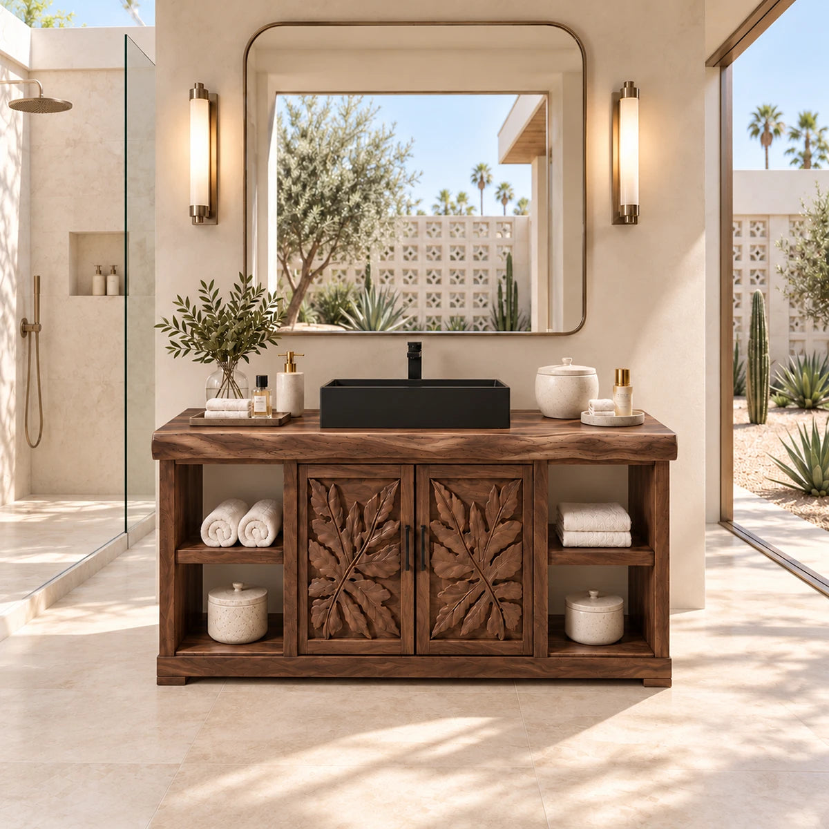 Natural solid wood bathroom vanity with leaf carved doors and practical side storage