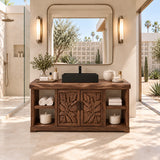 Natural solid wood bathroom vanity with leaf carved doors and practical side storage