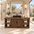 Freestanding bathroom vanity in natural solid wood with carved leaf doors and side shelves