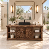 Freestanding bathroom vanity in natural solid wood with carved leaf doors and side shelves