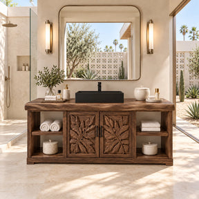 Freestanding bathroom vanity in natural solid wood with carved leaf doors and side shelves