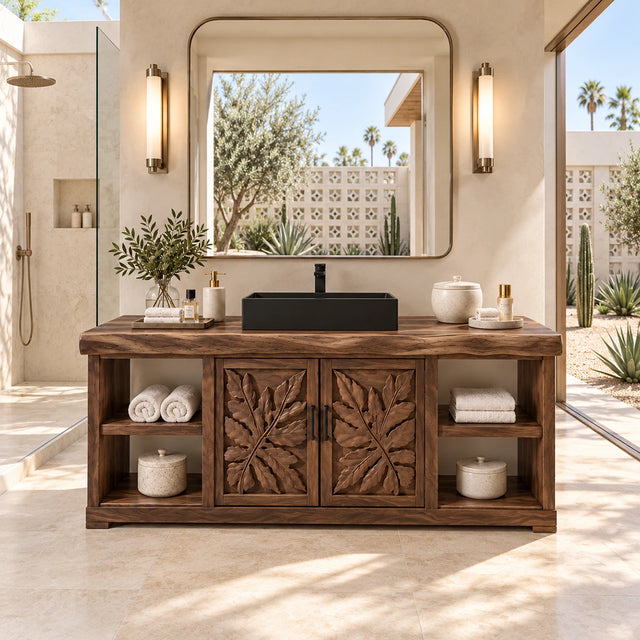 Freestanding bathroom vanity in natural solid wood with carved leaf doors and side shelves