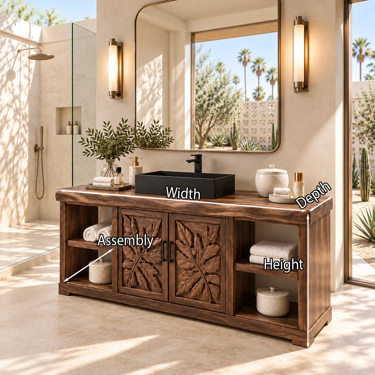 Classic bath vanity in natural solid wood with carved panels and four open side shelves