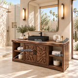 Classic bath vanity in natural solid wood with carved panels and four open side shelves