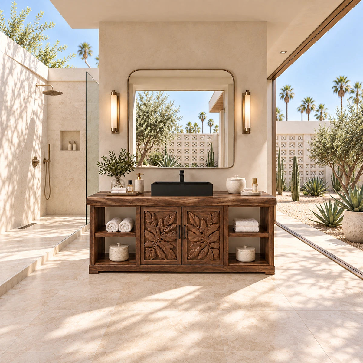 Botanical bath vanity in natural solid wood with black vessel sink and open storage sides