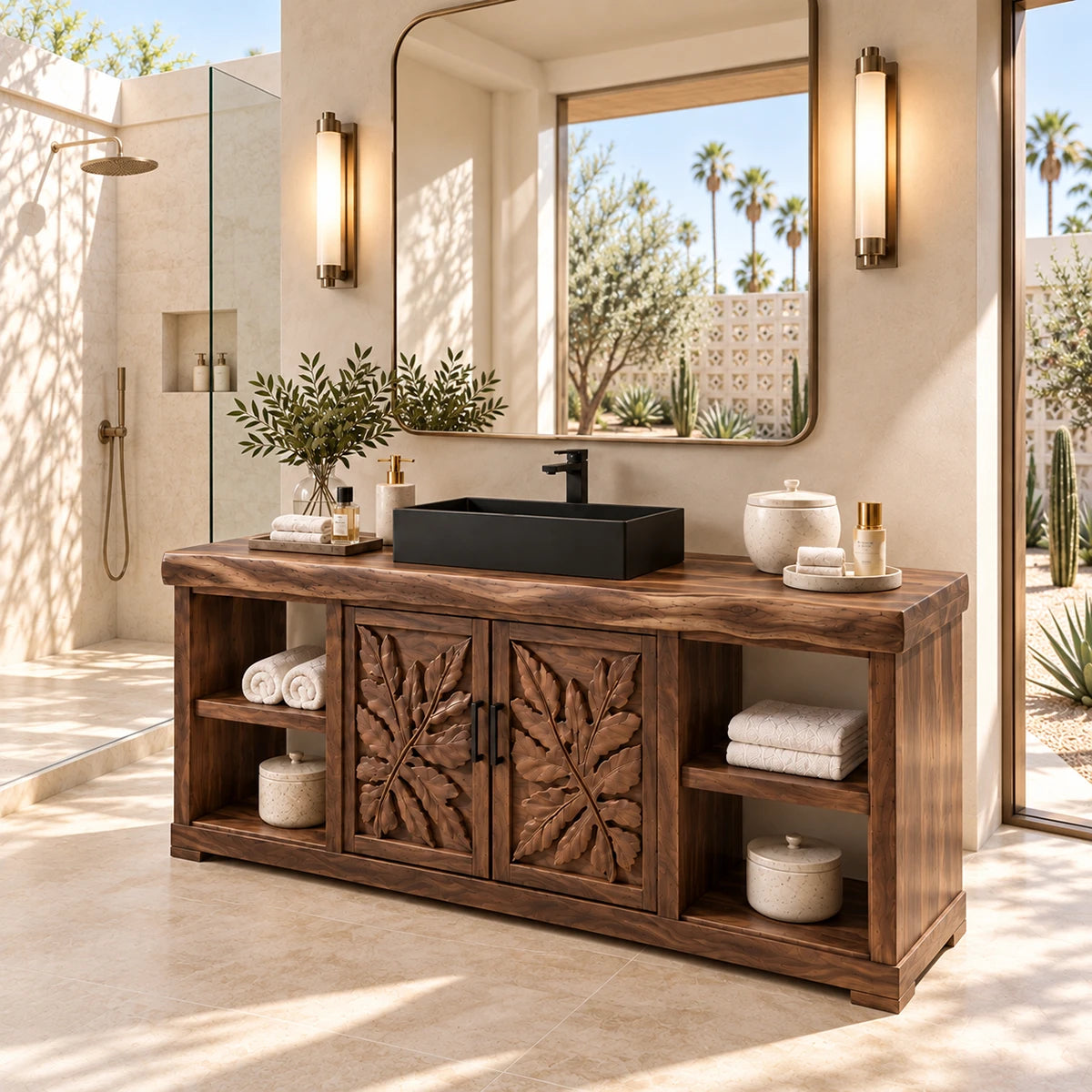 Single sink bathroom vanity in natural solid wood with two carved doors and four cubbies