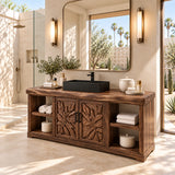 Single sink bathroom vanity in natural solid wood with two carved doors and four cubbies