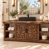 Nature inspired vanity cabinet in natural solid wood with leaf panels and towel shelves