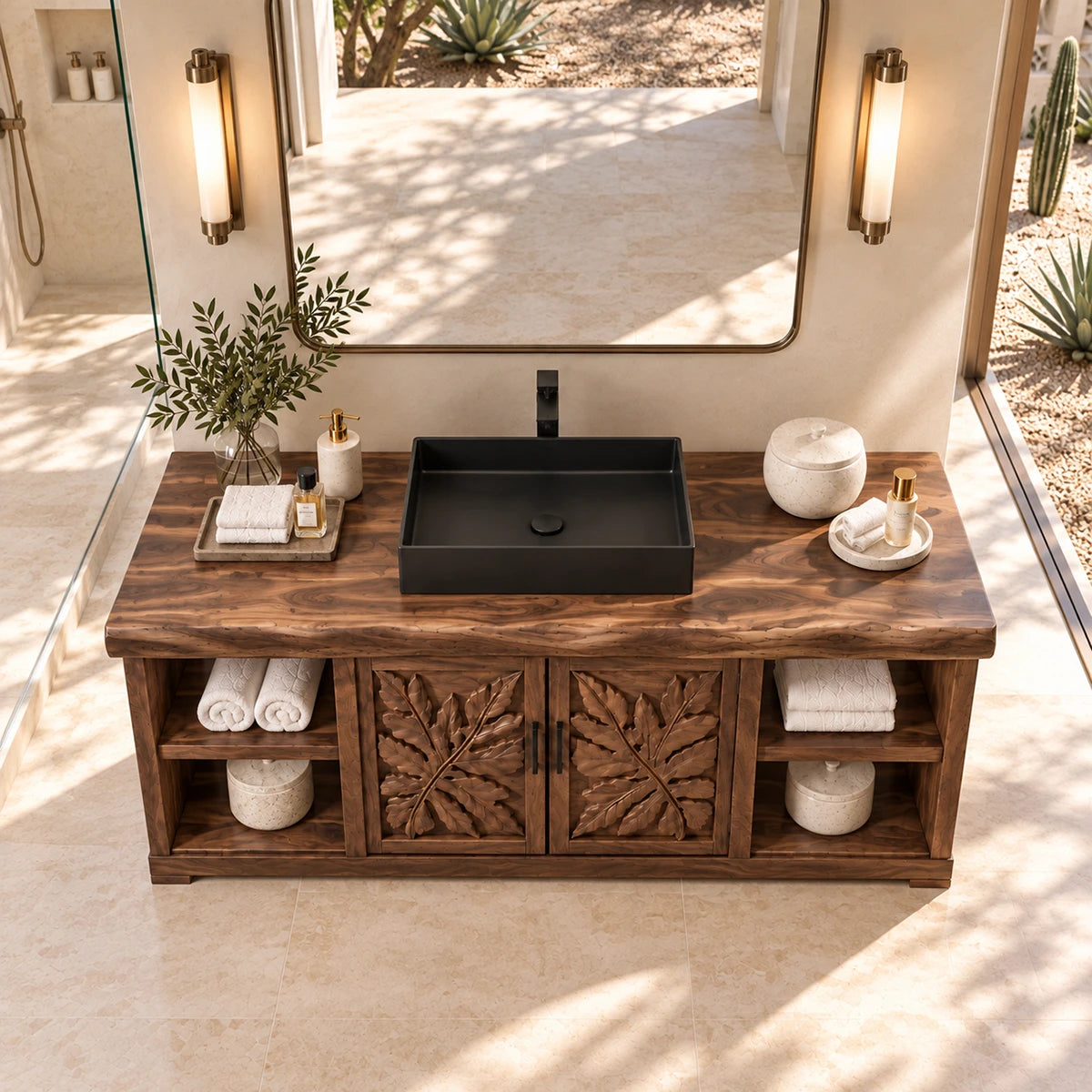 Traditional bathroom vanity in natural solid wood with vessel basin and side shelf storage
