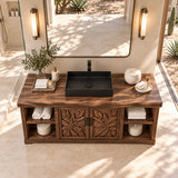Traditional bathroom vanity in natural solid wood with vessel basin and side shelf storage