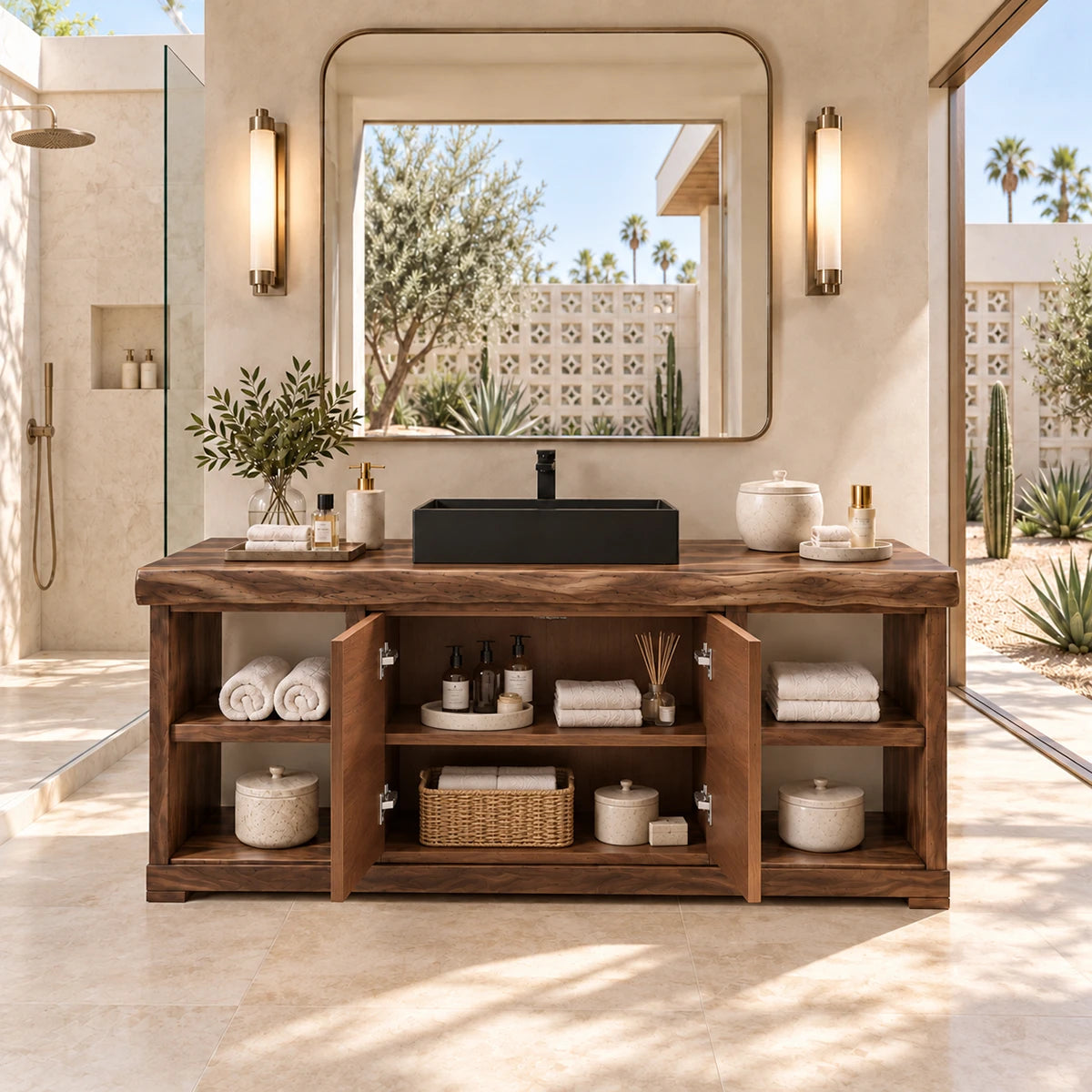 Carved leaf bath vanity in natural solid wood with open cubbies and black basin above