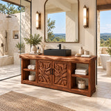 Storage bathroom vanity in natural solid wood with two doors and open side compartments