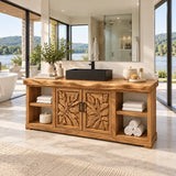Designer vanity unit in natural solid wood with botanical fronts and balanced side storage