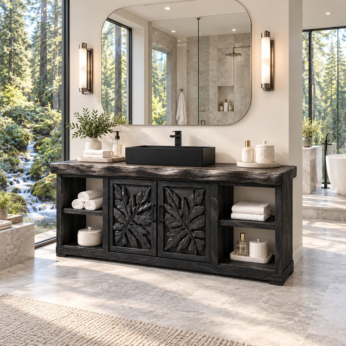 Decorative bathroom vanity in natural solid wood with leaf motif doors and black sink