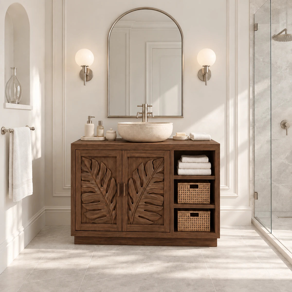 Statement sink vanity in natural solid wood with vessel basin and botanical doors