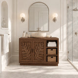 Statement sink vanity in natural solid wood with vessel basin and botanical doors
