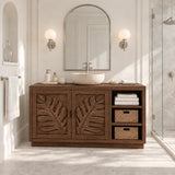 Open shelf bathroom vanity in natural solid wood with leaf doors and woven baskets