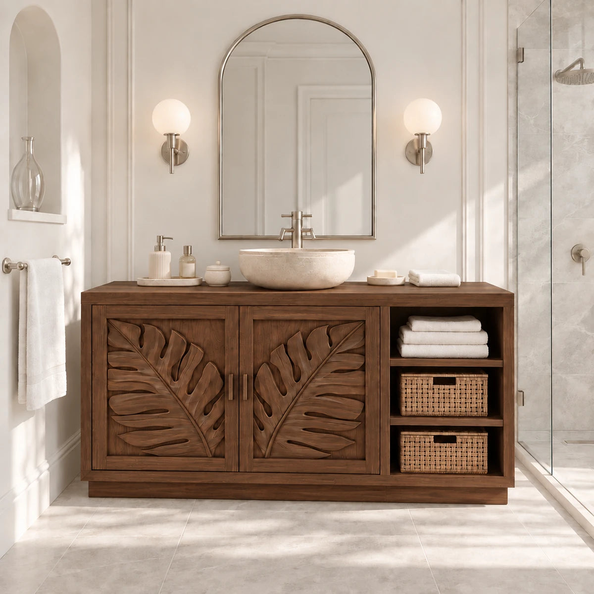 Natural solid wood bathroom vanity with two carved doors and practical side storage