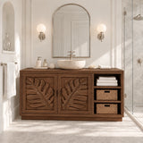Natural solid wood bathroom vanity with two carved doors and practical side storage
