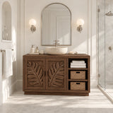 Freestanding bathroom vanity in natural solid wood with leaf doors and side shelves