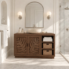 Freestanding bathroom vanity in natural solid wood with leaf doors and side shelves