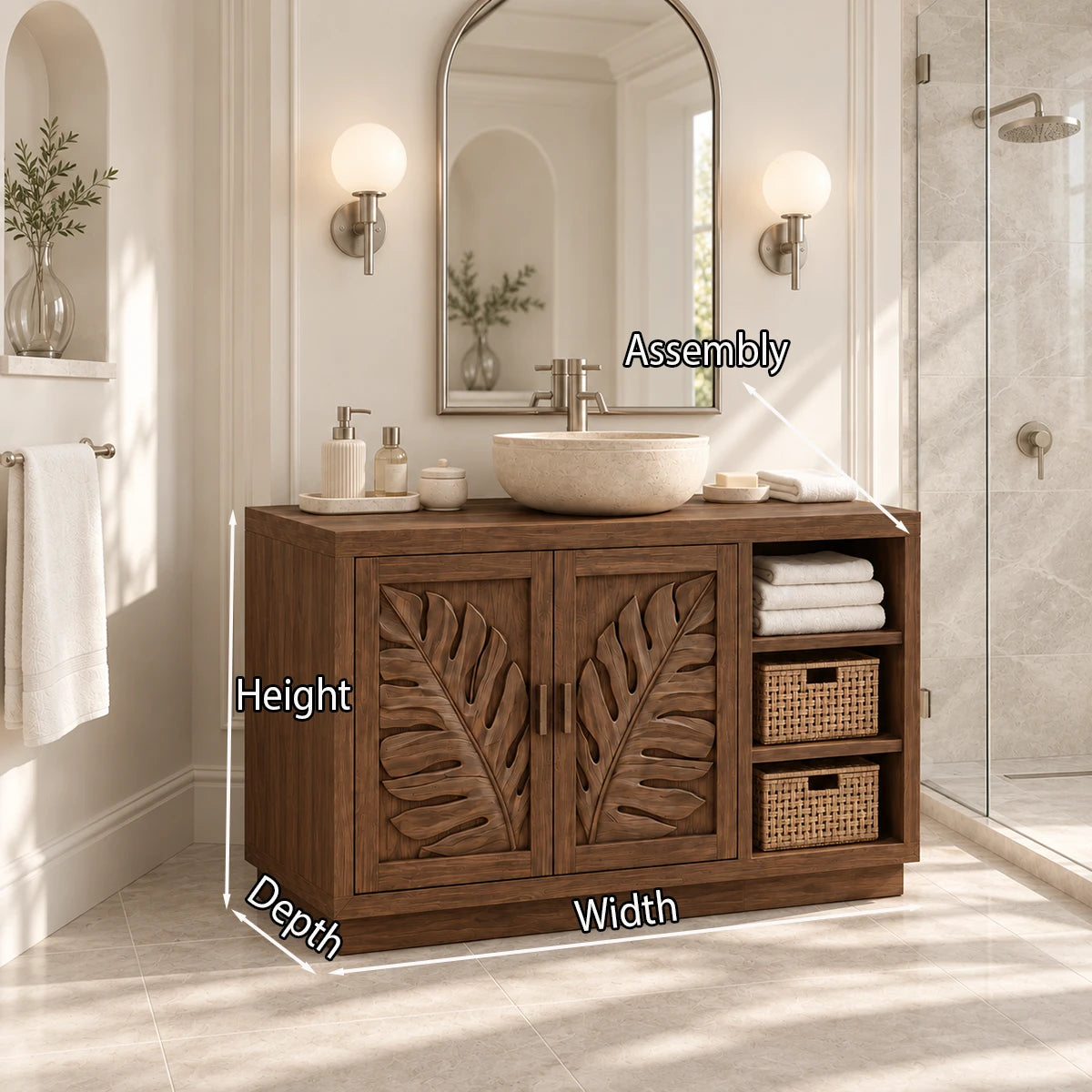 Classic bath vanity in natural solid wood with carved panels and open side shelves