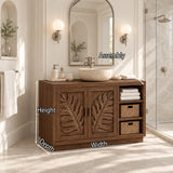 Classic bath vanity in natural solid wood with carved panels and open side shelves