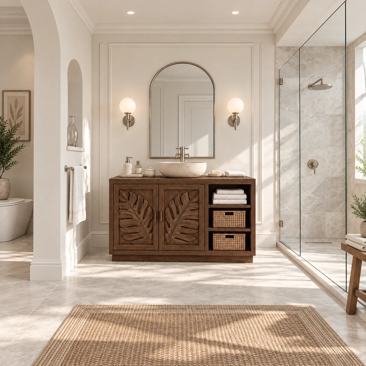 Botanical bath vanity in natural solid wood with vessel sink and open side storage