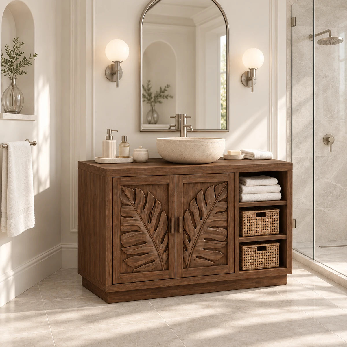 Single sink bathroom vanity in natural solid wood with carved doors and basket shelves